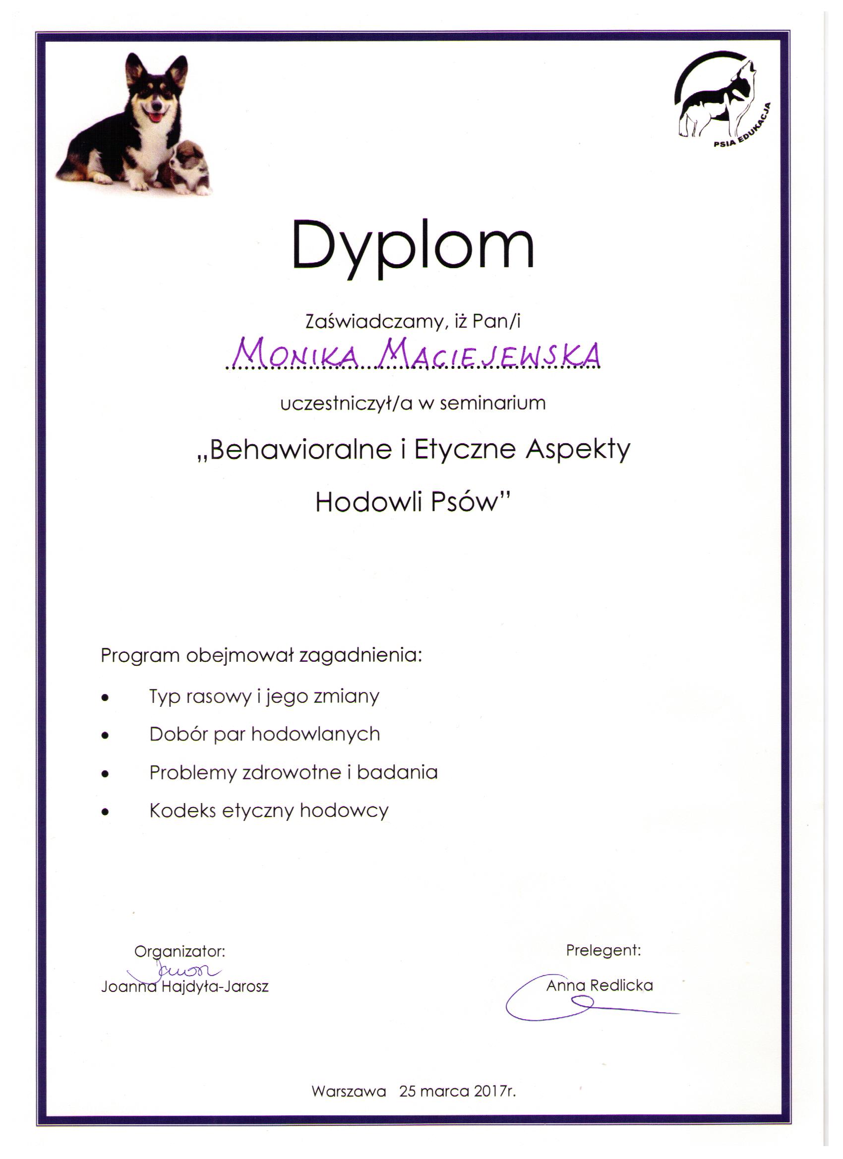 Certyfikat behawioralne i etyczne aspekty hodowli psów od Anny Redlickiej