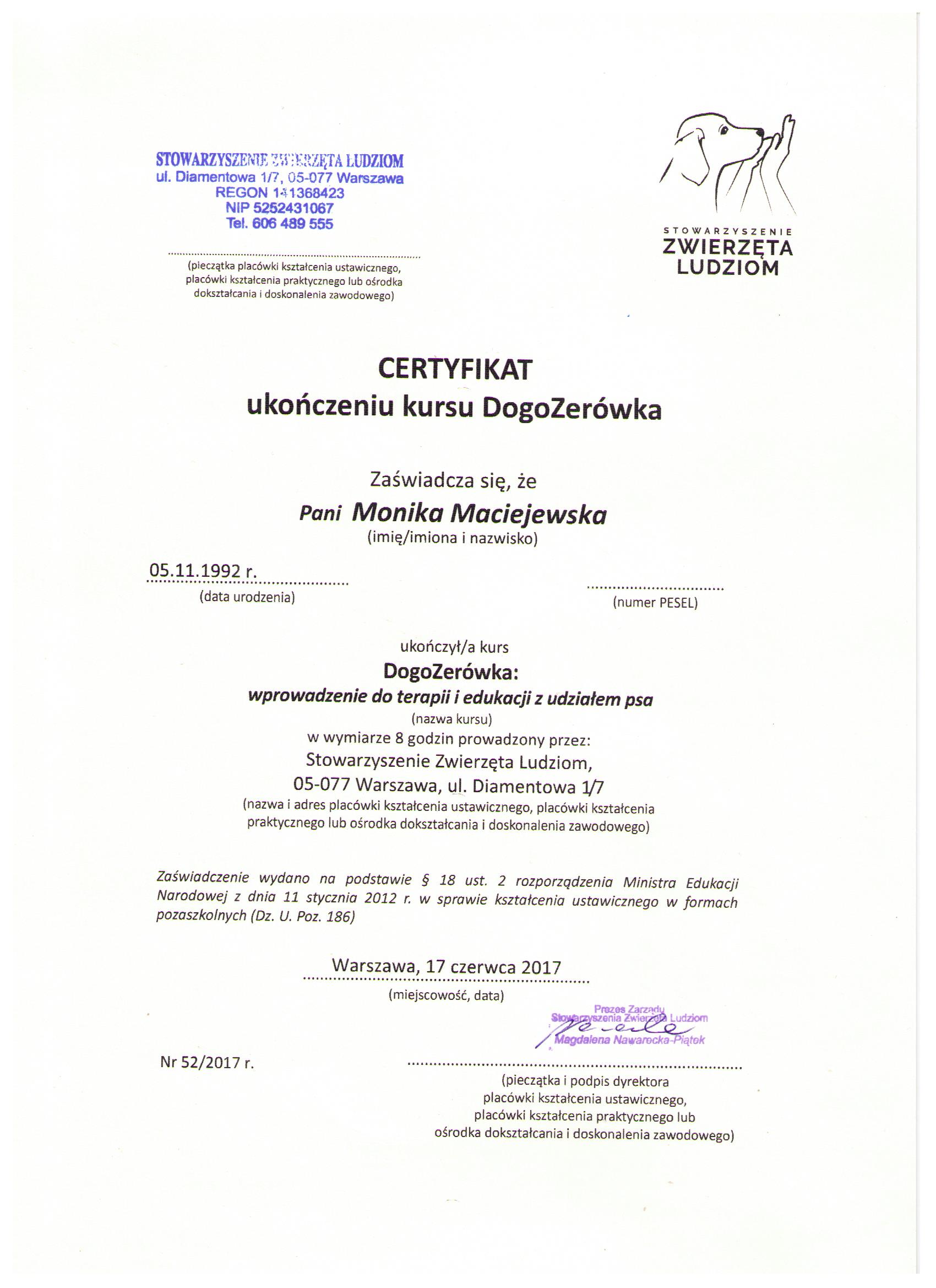 certyfikat Dogozerówka od Stowarzyszenia zwierzęta ludziom