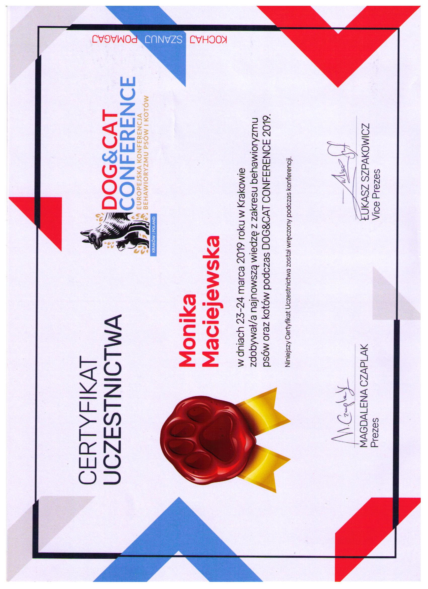 certyfikat uczestnictwa w Dog and Cat conference