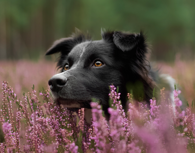 owczarek australijski z pięknymi brązowymi oczami w malowniczych wrzosach